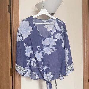 Floral Tie-Front Blouse - Blue and White